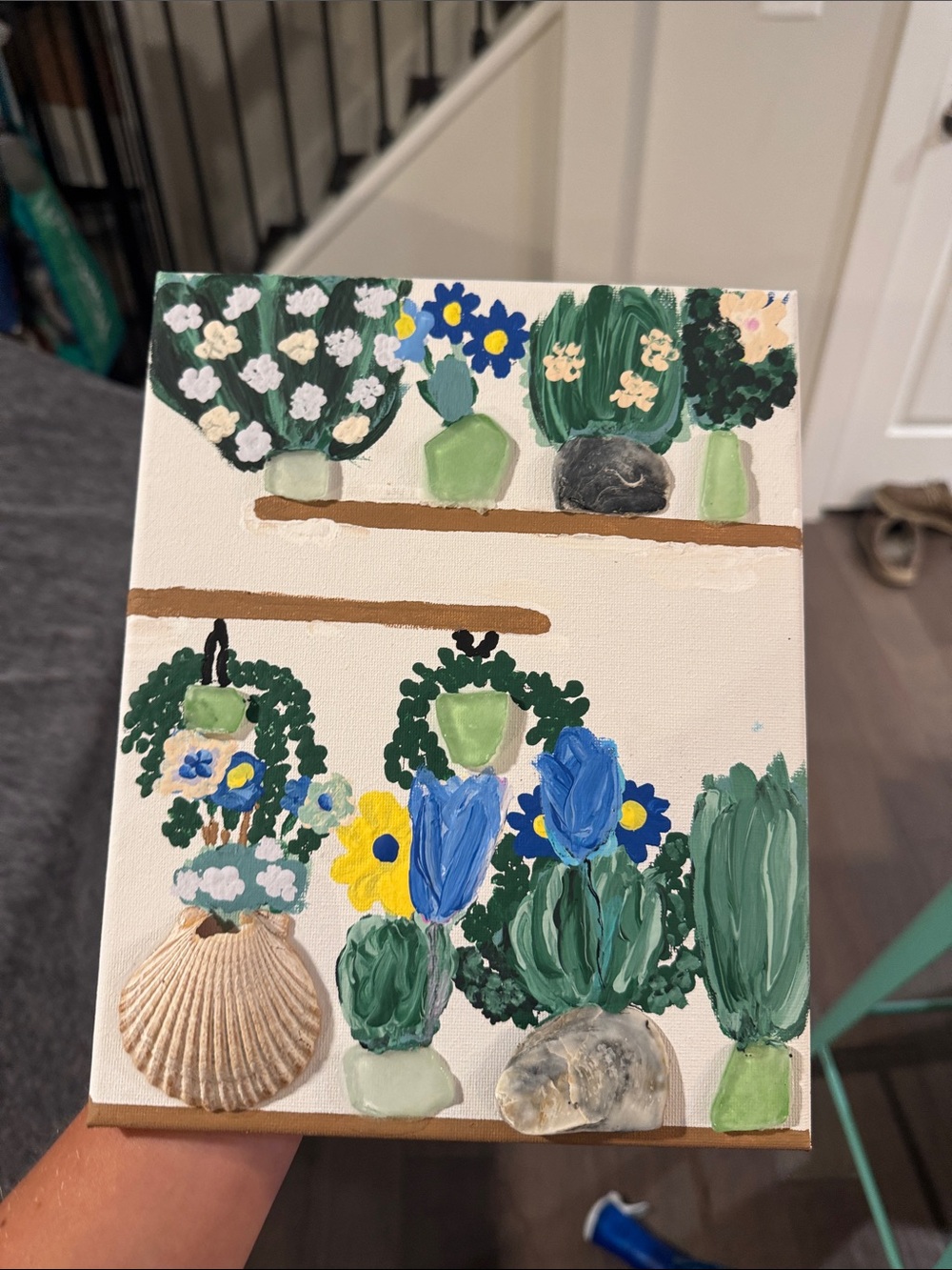 Hand-Painted Botanical Canvas Art - Blue & Green
